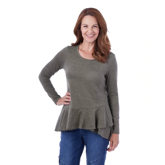 DG2 Diane Gilman Brushed Jersey Knit Green Peplum Top Womens Size L - Picture 12 of 13